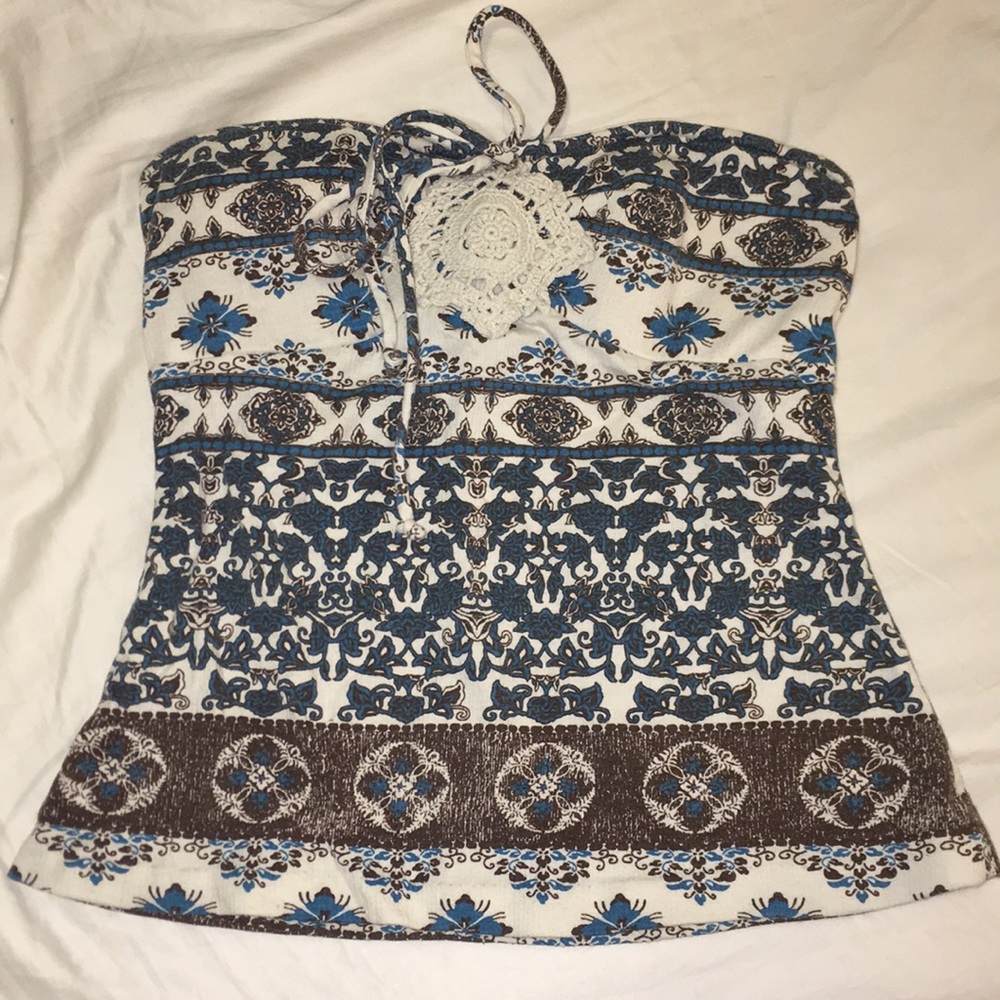 Tribal print tube top with crochet detail